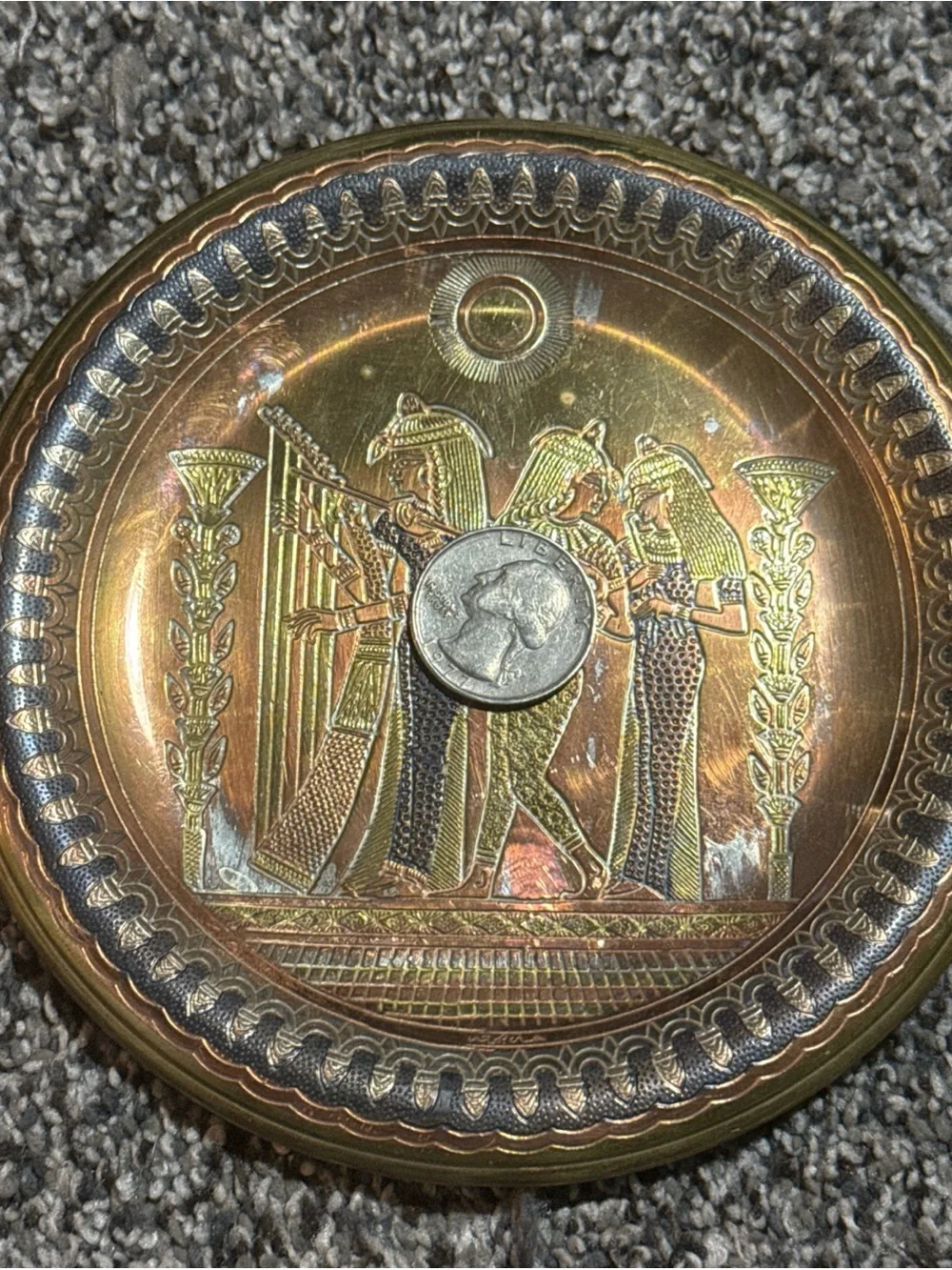 Vintage Egyptian Revival Wall Plaque 5.5” Copper Brass Tone Embossed Pharaoh Art